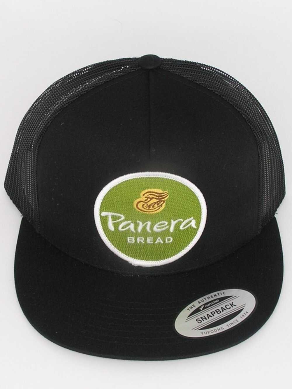 Panera Bread Patch on Trucker Hat Yupoong Classic 6006 Snapback Black/Black
